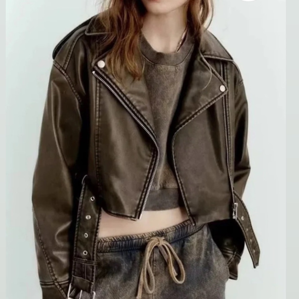 Zara Cropped Faux Leather Olive / Khaki Moto Jacket!